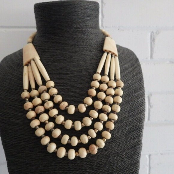 VINTAGE MONIES GERDA LYNGGAARD BUFFALO HORN TRIBAL FOUR STRAND NECKLACE - Picture 1 of 5